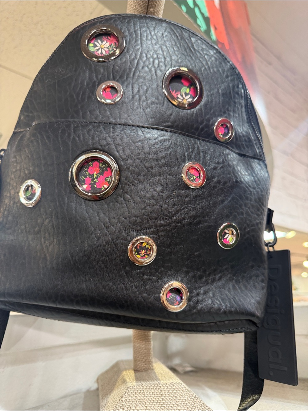 Desigual Black Mini Backpack with Pink Floral Grommets